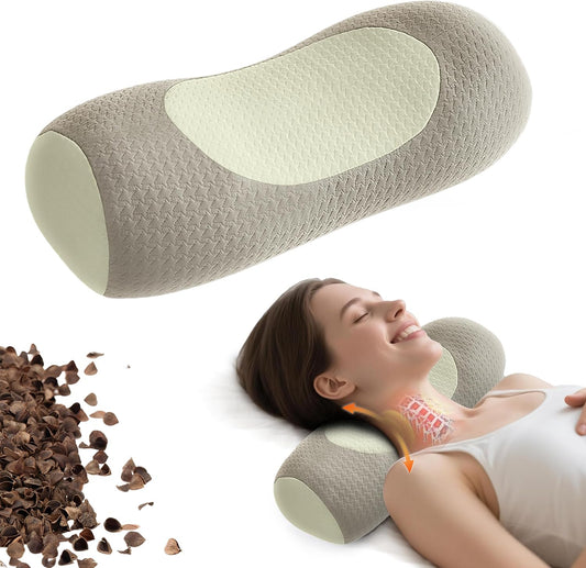 Organic Buckwheat Cervical Neck Pillow, Adjustable Neck Roll for Sleeping, Ergonomic Neck Support Bolster for Side & Back Sleepers, Firm Support Pillow for Neck Pain Relief & Spine Alignment