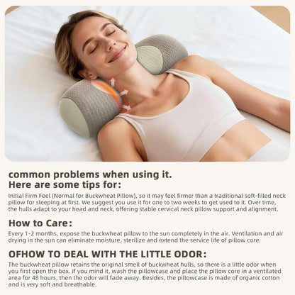 Organic Buckwheat Cervical Neck Pillow, Adjustable Neck Roll for Sleeping, Ergonomic Neck Support Bolster for Side & Back Sleepers, Firm Support Pillow for Neck Pain Relief & Spine Alignment