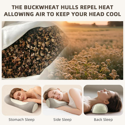 Organic Buckwheat Cervical Neck Pillow, Adjustable Neck Roll for Sleeping, Ergonomic Neck Support Bolster for Side & Back Sleepers, Firm Support Pillow for Neck Pain Relief & Spine Alignment