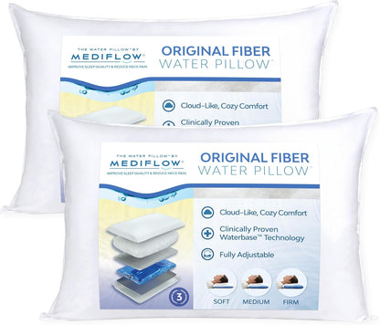 Fiber Water Pillow - Adjustable for Neck Pain Relief, Pillow for Side, Back, and Stomach Sleepers, the Original Inventor of the Water Pillow, Clinically Proven Bed Pillow (2 Packs)