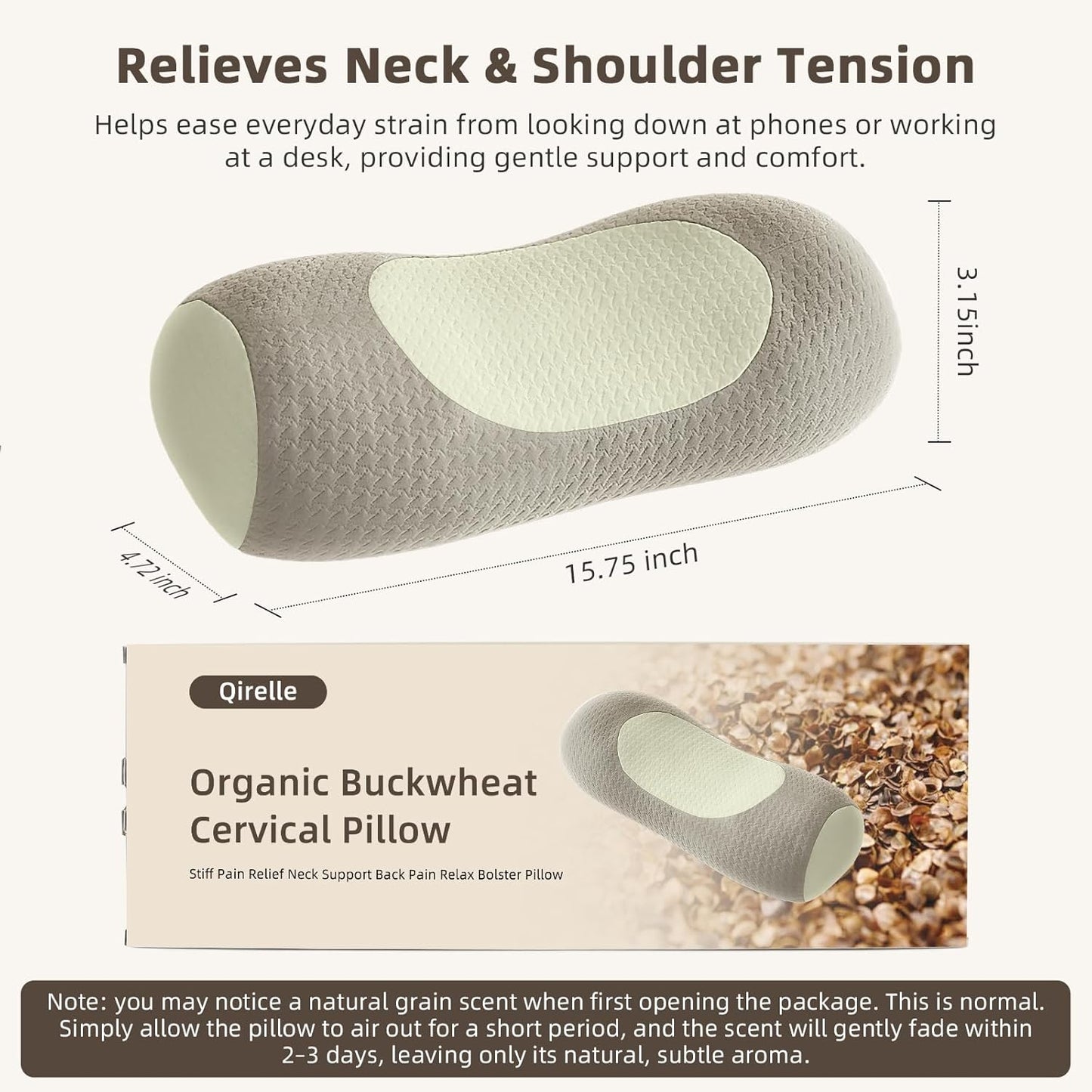 Organic Buckwheat Cervical Neck Pillow, Adjustable Neck Roll for Sleeping, Ergonomic Neck Support Bolster for Side & Back Sleepers, Firm Support Pillow for Neck Pain Relief & Spine Alignment