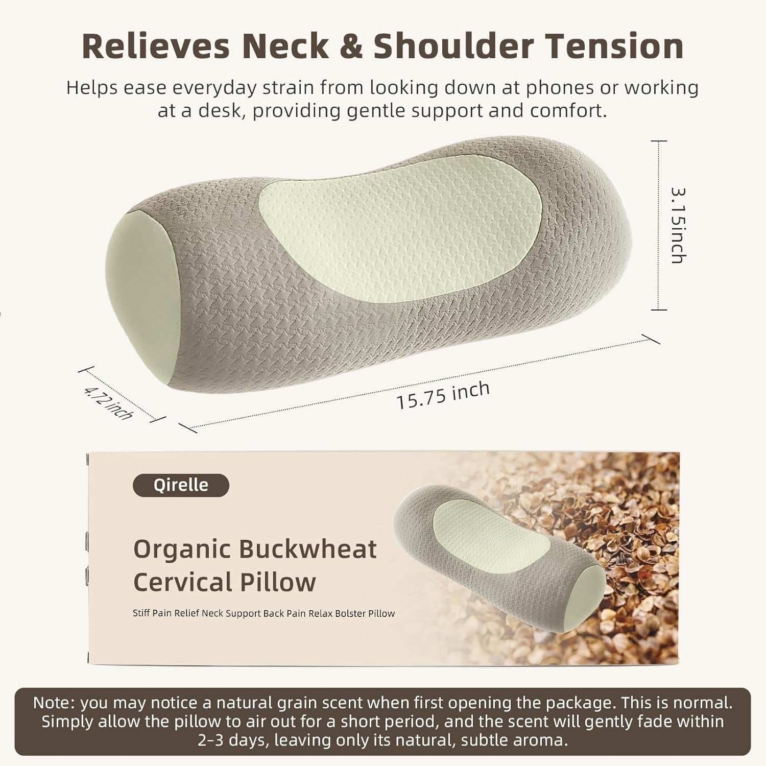 Organic Buckwheat Cervical Neck Pillow, Adjustable Neck Roll for Sleeping, Ergonomic Neck Support Bolster for Side & Back Sleepers, Firm Support Pillow for Neck Pain Relief & Spine Alignment