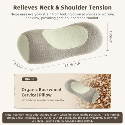 Organic Buckwheat Cervical Neck Pillow, Adjustable Neck Roll for Sleeping, Ergonomic Neck Support Bolster for Side & Back Sleepers, Firm Support Pillow for Neck Pain Relief & Spine Alignment