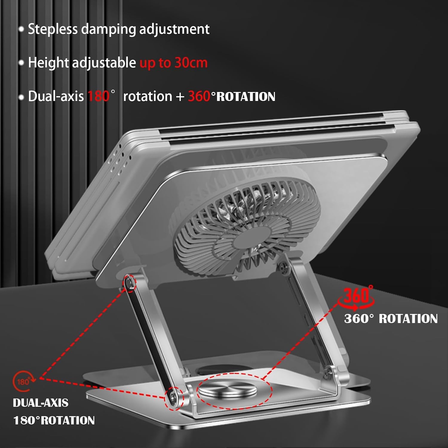360° Rotating Adjustable Laptop Stand with Cooling Fan, Foldable Dual-Bar Support Height Tilt Angle Cooling Laptop Stand for Desk Pad Laptop Riser Heat Dissipation Stand Fit 10-17.3" Device