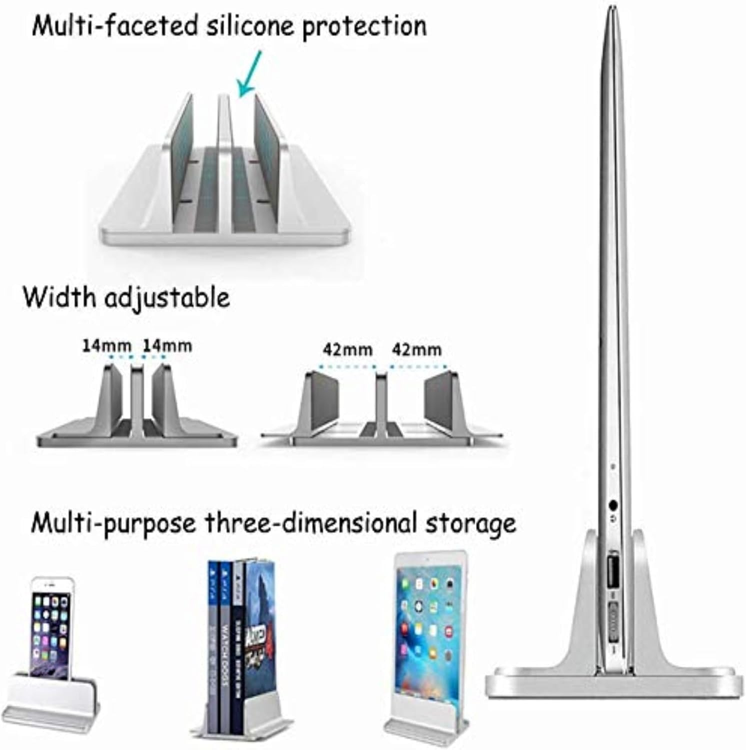 Universal Laptop Vertical Stand, Dual Desktop Adjustable Notebook Stand (Up to 17.3 Inches) for Samsung/Hp/Dell/Chrome Book Laptops (Silver)