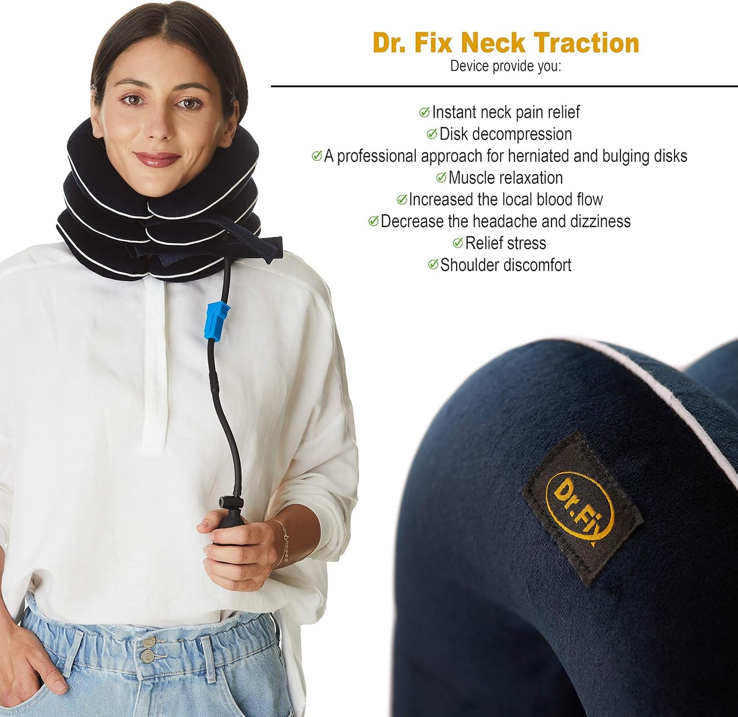 Dr Fix Cervical Neck Traction Device for Instant Neck Pain Relief at Home | Elastic Band (Dark Blue, 12-17)
