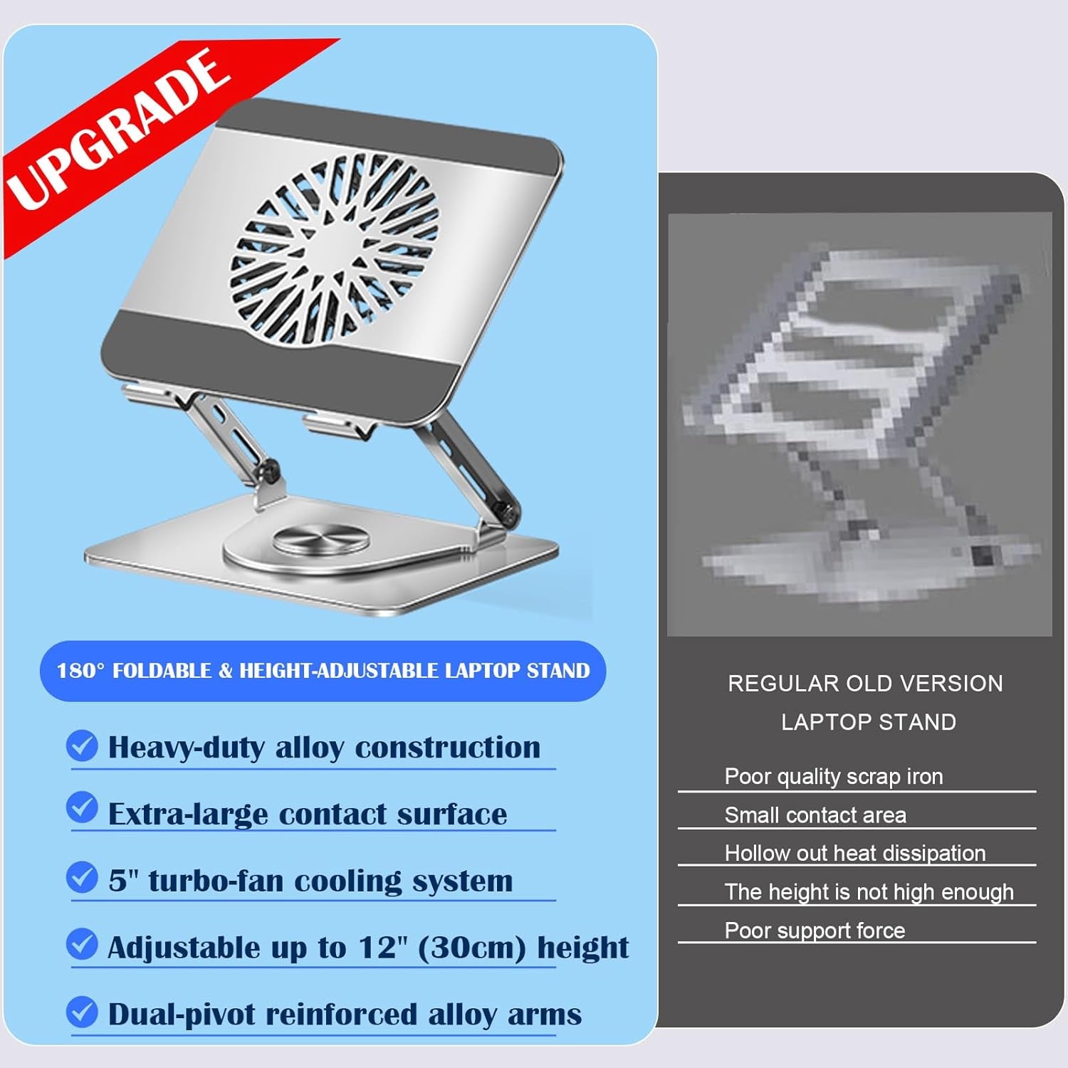 360° Rotating Adjustable Laptop Stand with Cooling Fan, Foldable Dual-Bar Support Height Tilt Angle Cooling Laptop Stand for Desk Pad Laptop Riser Heat Dissipation Stand Fit 10-17.3" Device