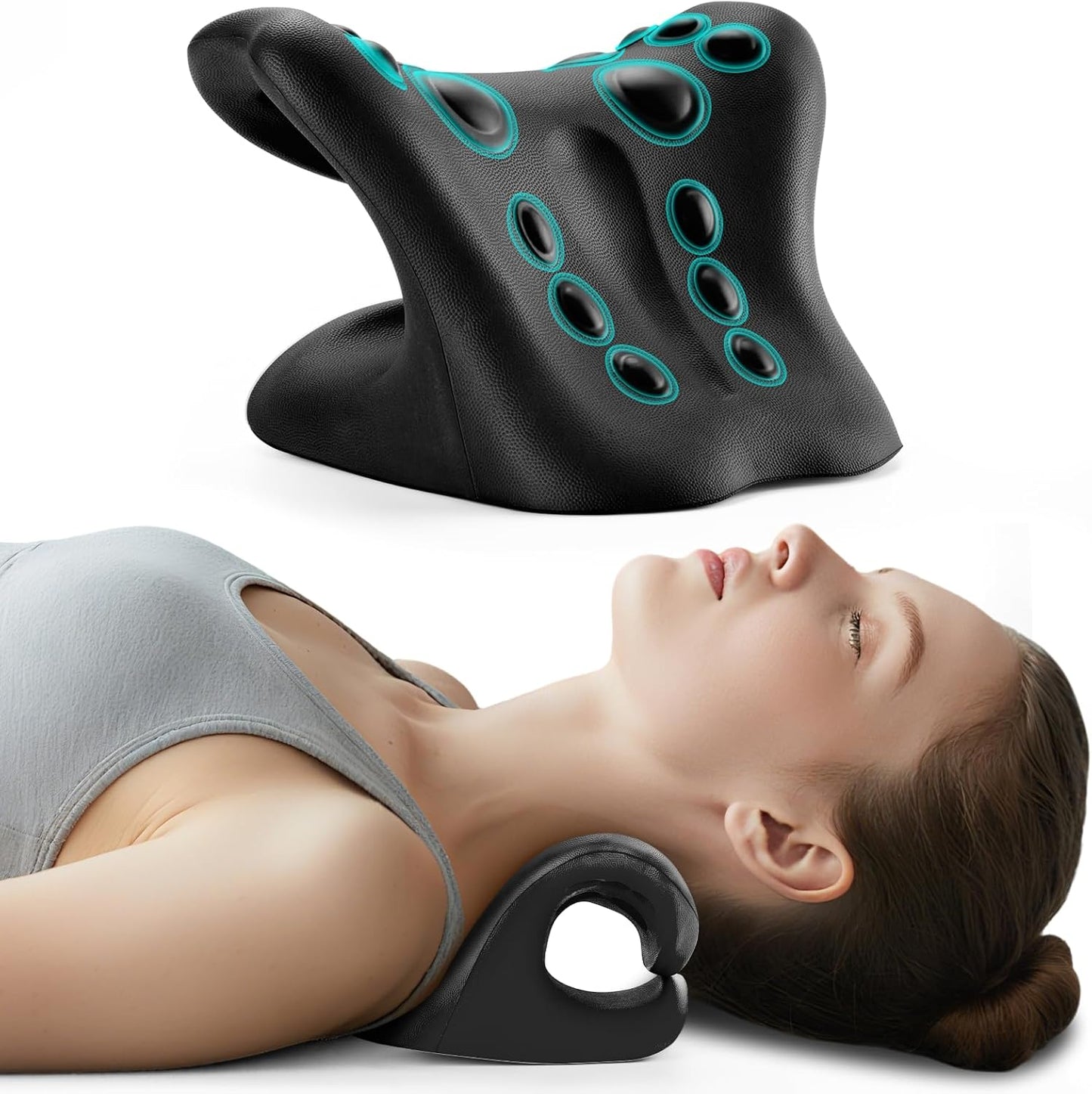 Neck Stretcher & Cervical Traction Pillow, TMJ & Shoulder Relief, Black | 13 Points, Ergonomic, Restores C-Curve. Eases Pain in 10 Mins. Durable Foam, Lightweight & Portable for Home & Office.