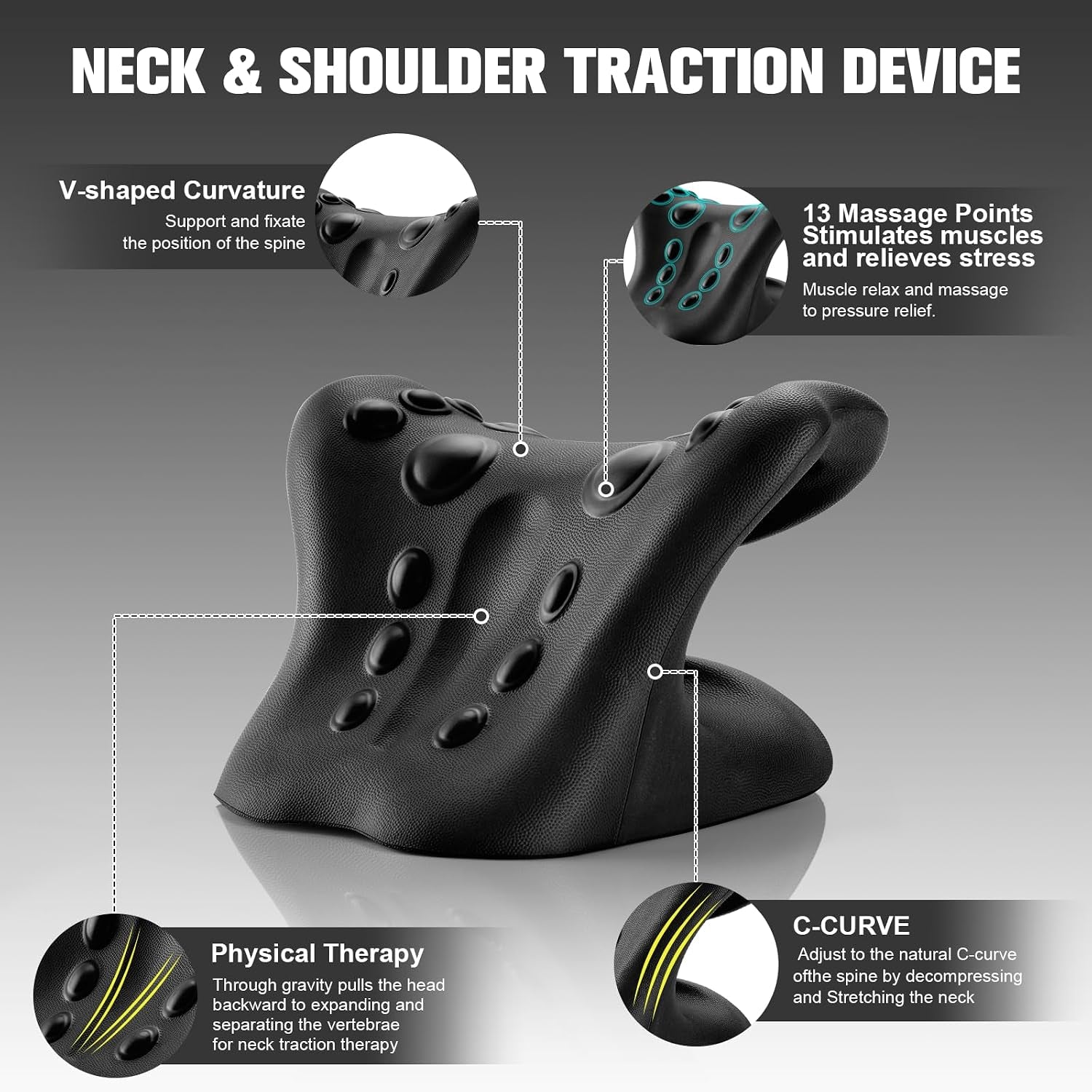 Neck Stretcher & Cervical Traction Pillow, TMJ & Shoulder Relief, Black | 13 Points, Ergonomic, Restores C-Curve. Eases Pain in 10 Mins. Durable Foam, Lightweight & Portable for Home & Office.
