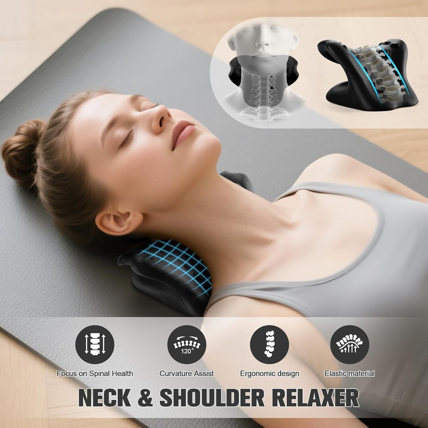Neck Stretcher & Cervical Traction Pillow, TMJ & Shoulder Relief, Black | 13 Points, Ergonomic, Restores C-Curve. Eases Pain in 10 Mins. Durable Foam, Lightweight & Portable for Home & Office.