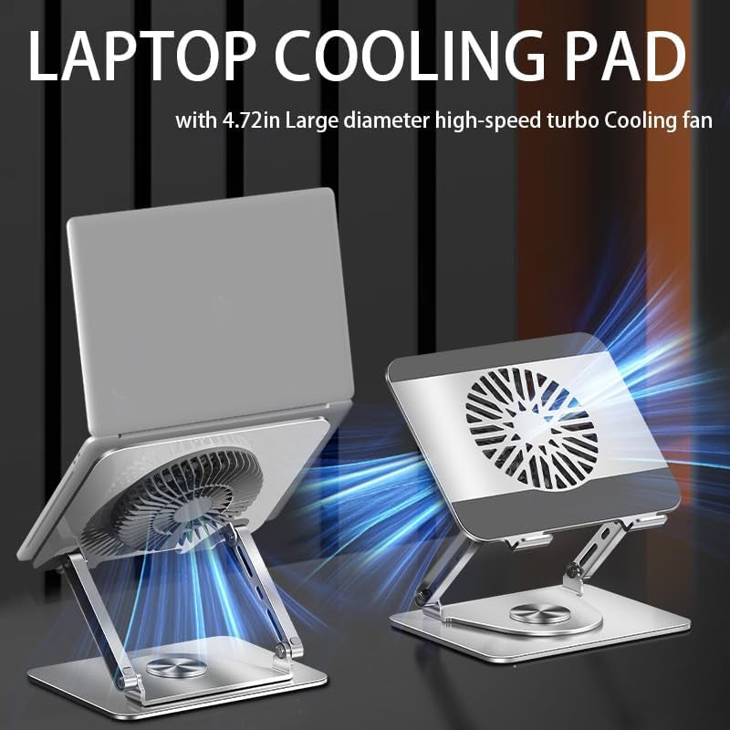 360° Rotating Adjustable Laptop Stand with Cooling Fan, Foldable Dual-Bar Support Height Tilt Angle Cooling Laptop Stand for Desk Pad Laptop Riser Heat Dissipation Stand Fit 10-17.3" Device