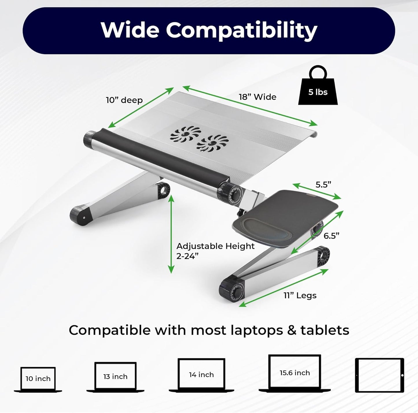 Workez Cooling Adjustable Laptop Stand for Desk W/Fan USB Ports Mouse Pad Ergonomic Foldable Laptop Stand Riser Portable Computer Holder, Silver